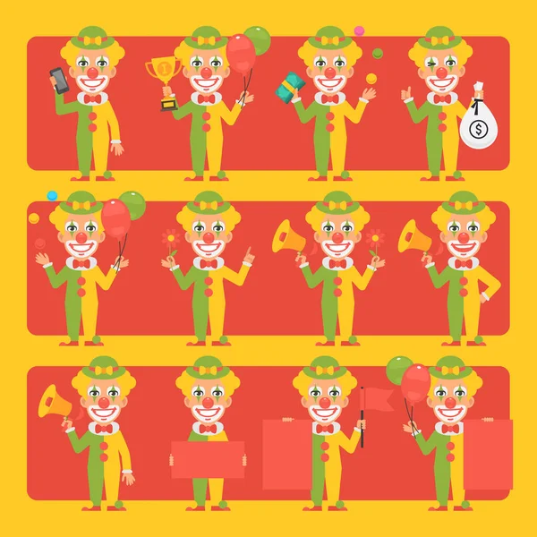 Cheerful Clown Different Poses Emotions Pack Big Character Set Vector — Stock Vector