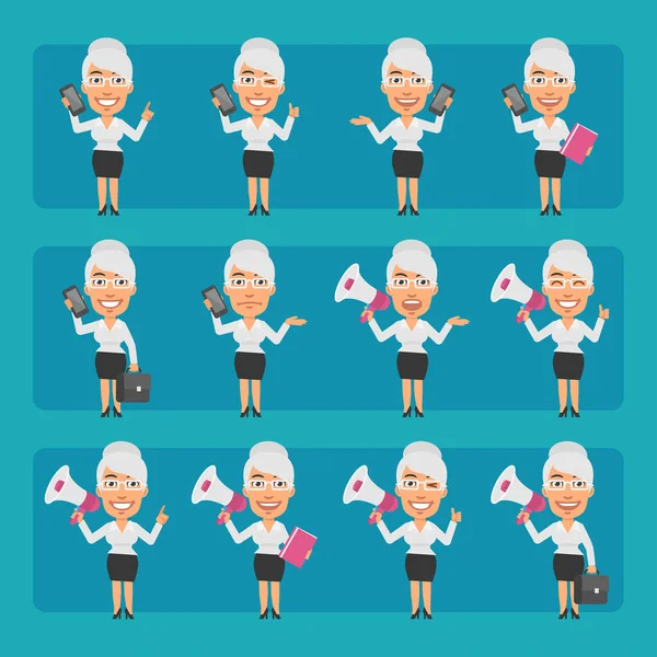 Anciana Mujer Negocios Diferentes Poses Emociones Pack Gran Conjunto Personajes — Vector de stock