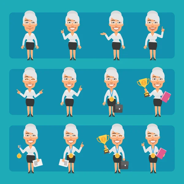 Anciana Mujer Negocios Diferentes Poses Emociones Pack Gran Conjunto Personajes — Vector de stock