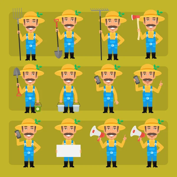 Agricultor Con Sombrero Bigote Diferentes Poses Emociones Pack Gran Conjunto — Vector de stock