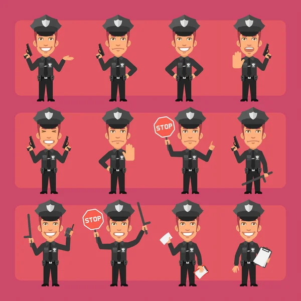 Agente Polizia Diverse Pose Emozioni Pack Grande Set Personaggi Carattere — Vettoriale Stock