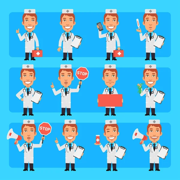 Médico Joven Diferentes Poses Emociones Pack Gran Conjunto Personajes Carácter — Vector de stock