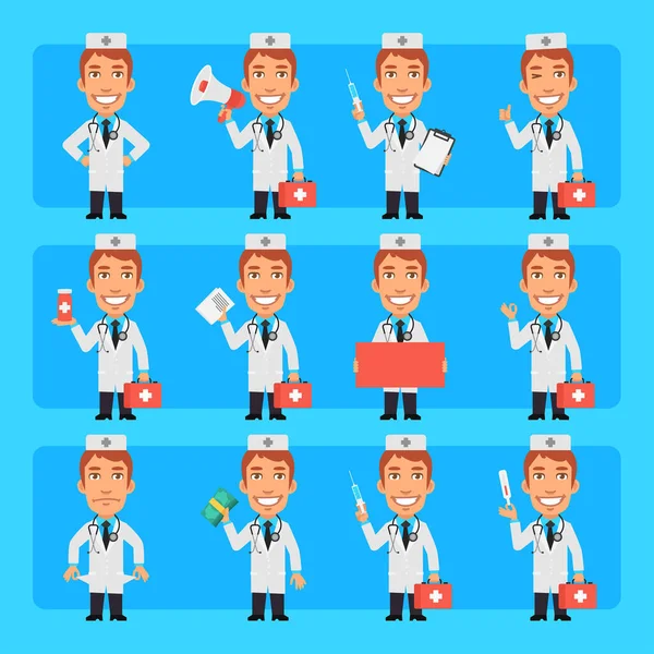 Young Doctor Different Poses Emotions Pack Big Character Set Vector — Stock Vector