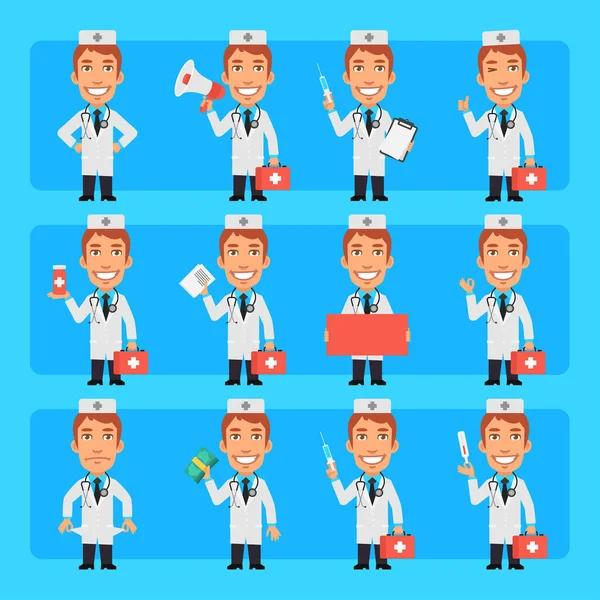 Médico Joven Diferentes Poses Emociones Pack Gran Conjunto Personajes Carácter — Vector de stock