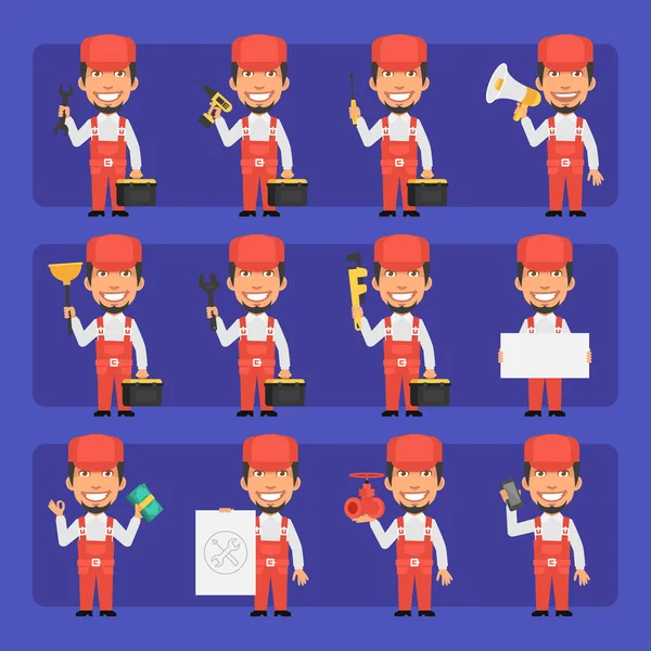 Young Repairman Uniform Different Poses Emotions Big Character Set Vector — Stock Vector