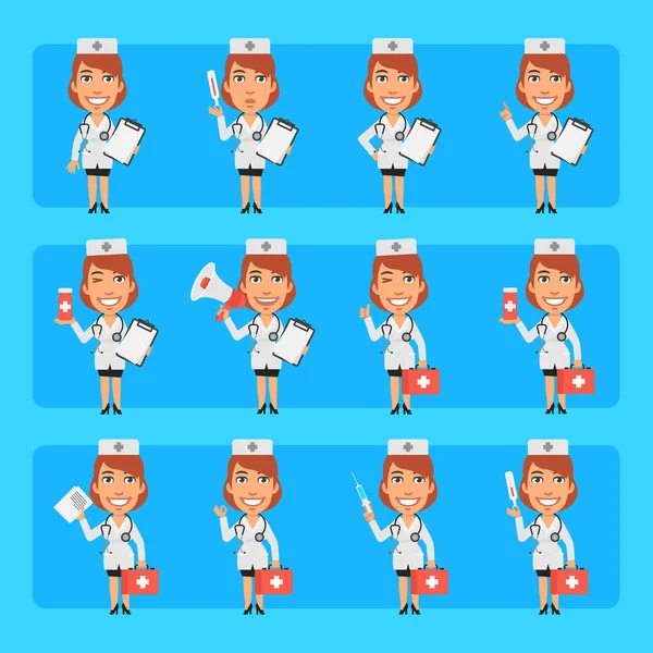 Young Nurse Different Poses Emotions Pack Big Character Set Vector — Stock Vector