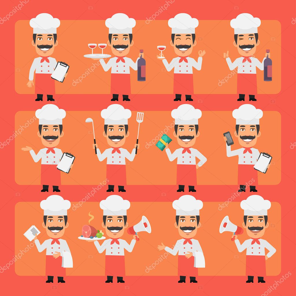 Jefe de cocina en diferentes poses y emociones Pack 3. Gran conjunto de