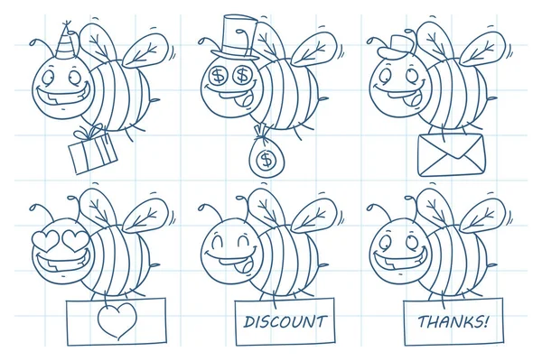 Cartoon Grappige Bij Vlucht Doodle Schetst Pack Vector Illustratie — Stockvector