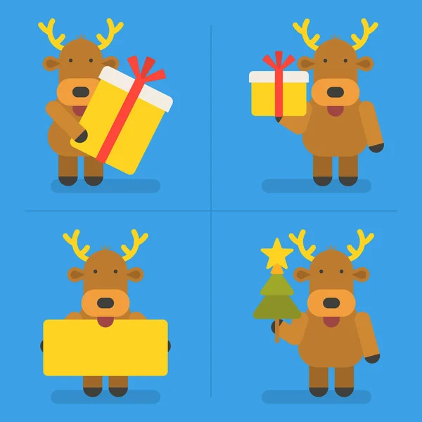 Reindeer Holding Gifts Blank Sign Christmas Tree Exclusive Characters Pack — Stock Vector