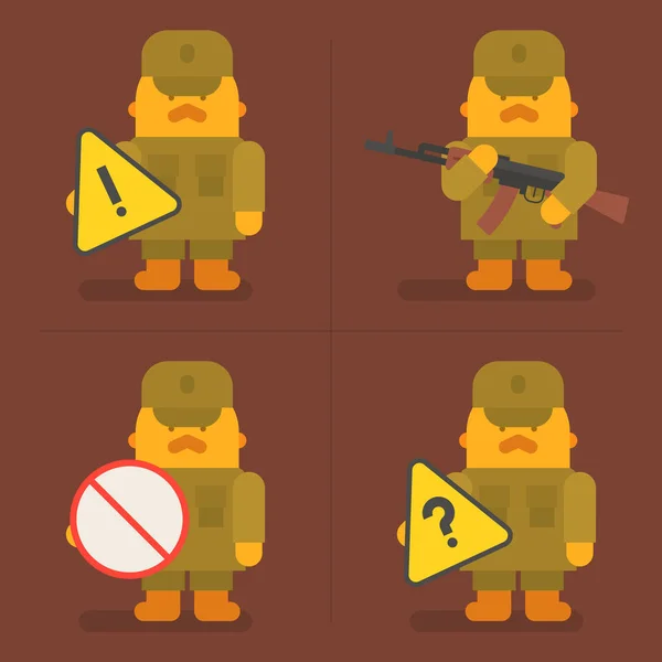 Soldier Holding Machine Gun Signs Exclusive Characters Pack Vector Illustration — Stock Vector