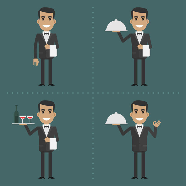 Взрослый официант показывает жесты и держит в руках посуду
