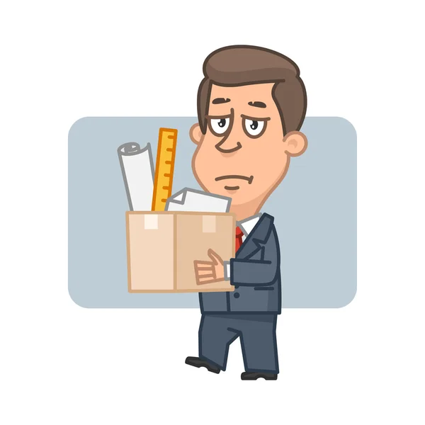 Character businessman holding box with things — Stock Vector