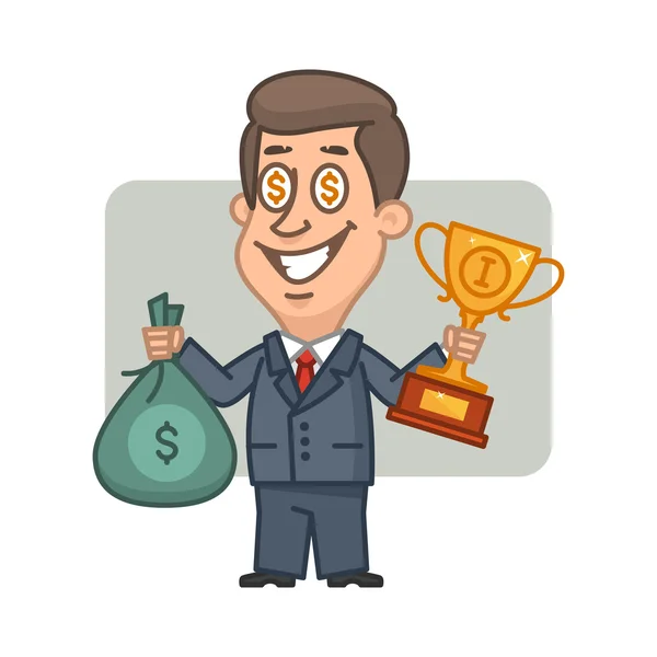 Businessman holding bag of money and cup — Stock Vector