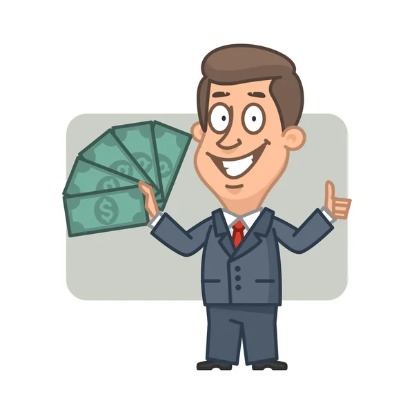 Businessman holding money and showing thumbs up — Stock Vector