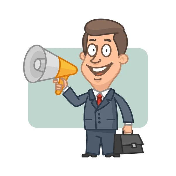 Businessman holding megaphone and smiling — Stock Vector