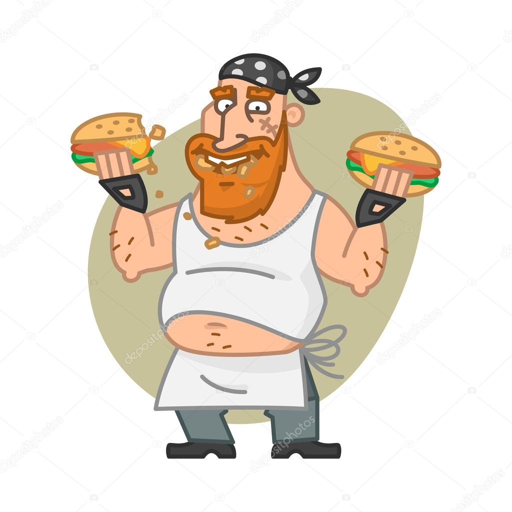 Biker man eating hamburgers