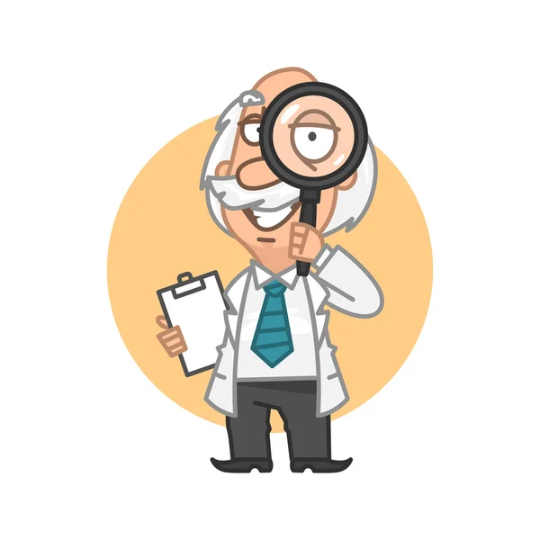 Professor looking through magnifying glass — Stock Vector