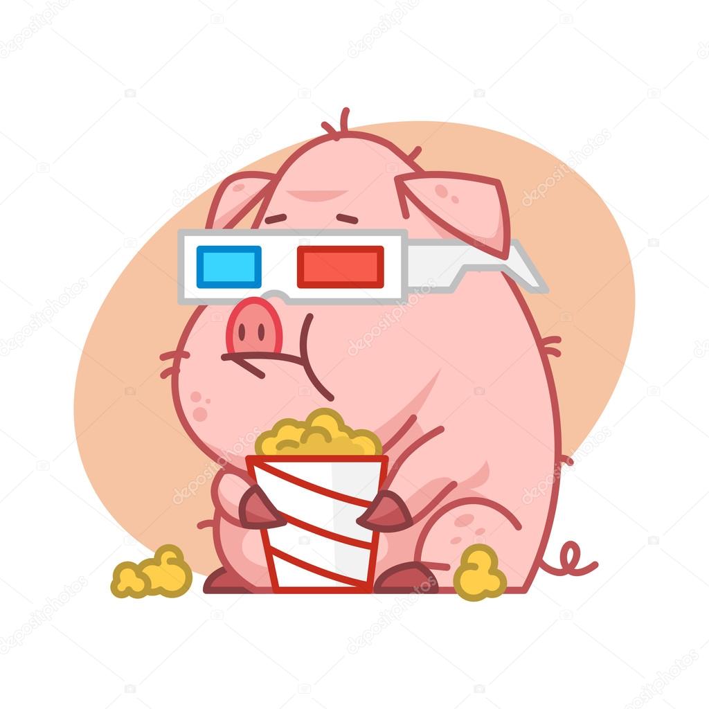 Pig character in 3d glasses eating popcorn