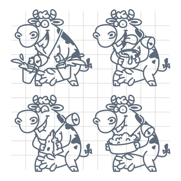 Veselá kráva ukazuje mléčné výrobky doodle — Stockový vektor