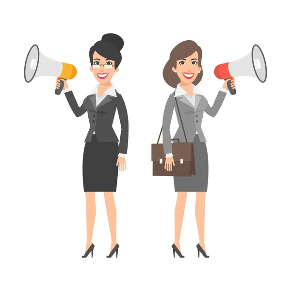 Two businesswomen holding speakers and smiling — Stock Vector