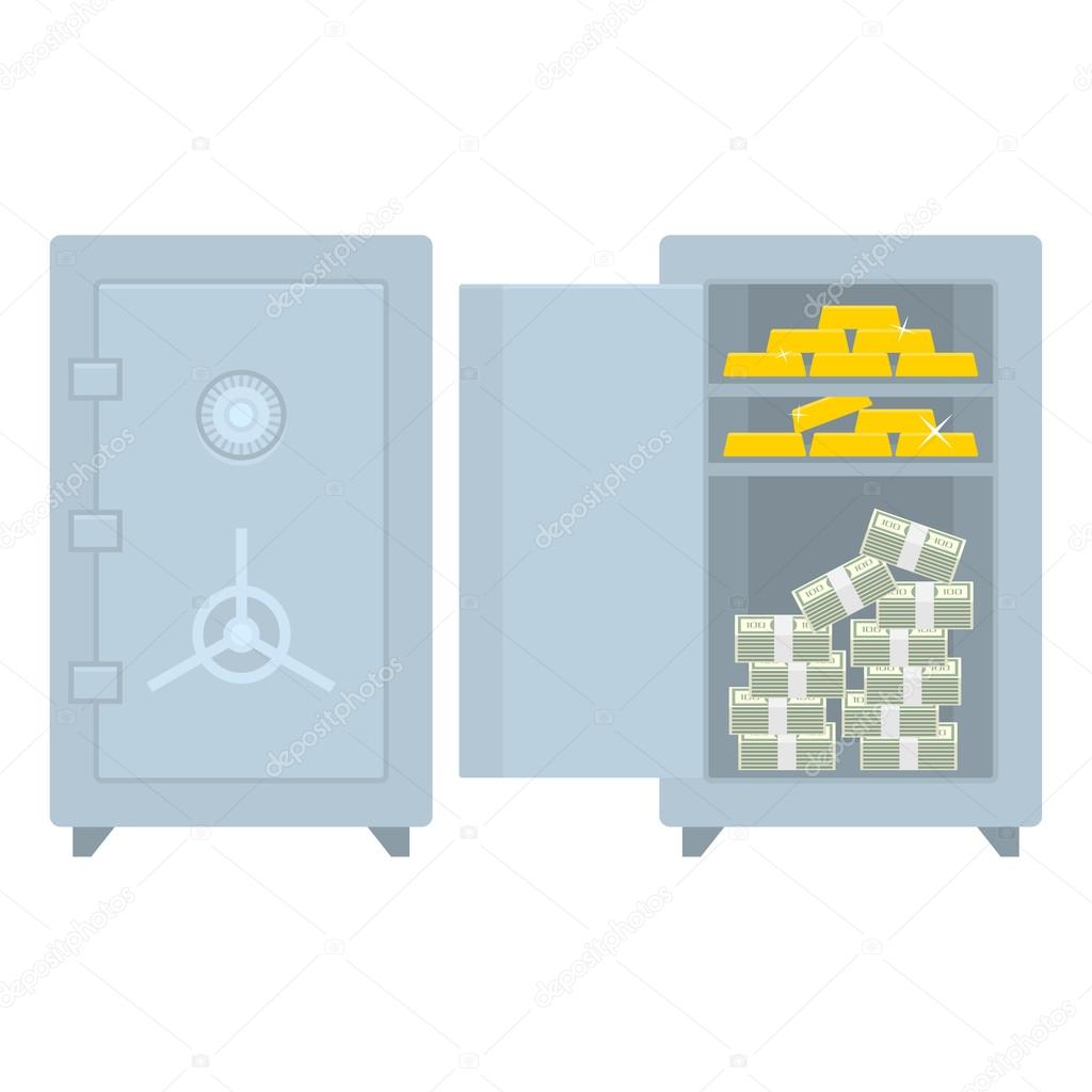 Safe closed open with money and gold