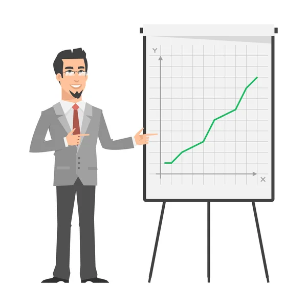 Businessman points on flip-chart — Stock Vector