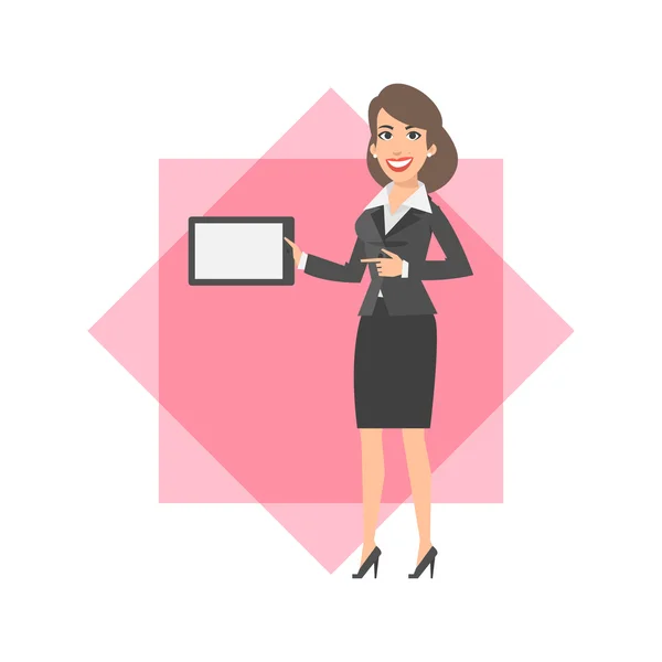 Mujer de negocios sosteniendo la tableta y sonriendo — Vector de stock