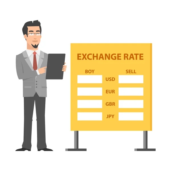 Empresario de pie cerca de intercambio y sostiene tableta — Archivo Imágenes Vectoriales