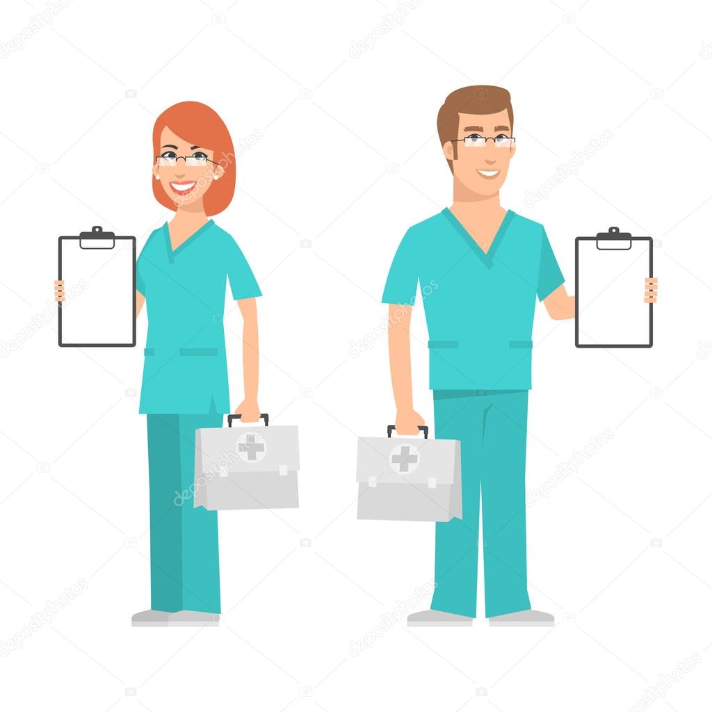 Nurse and doctor holding suitcase and smiling