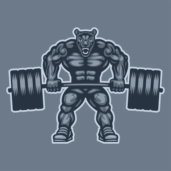 Panther bodybuilder lifting barbell and growls — Stock Vector