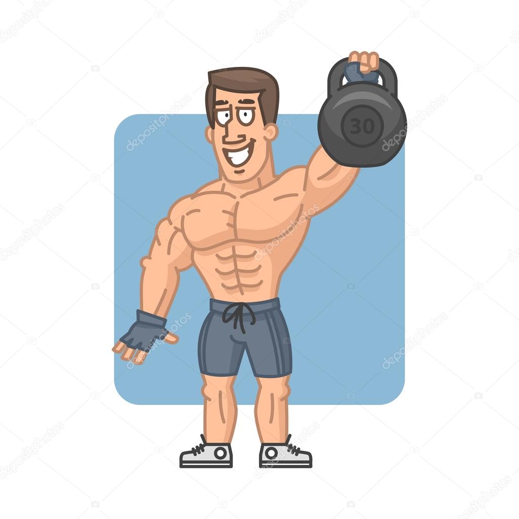 Bodybuilder raises kettlebell and smiling