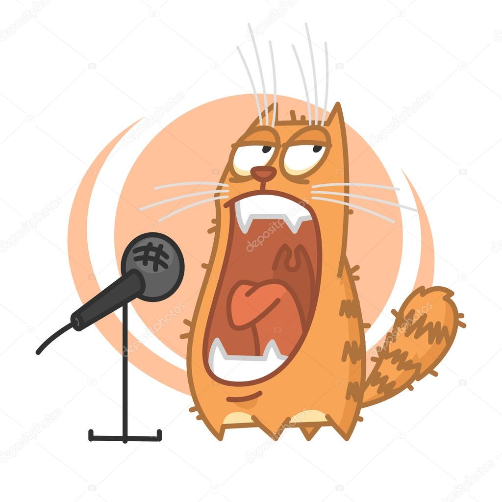 Red cat yells into microphone