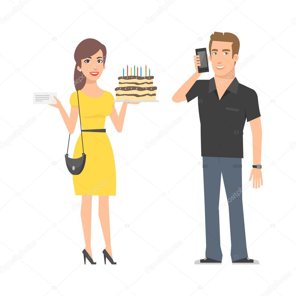 Girl with cake and man with phone