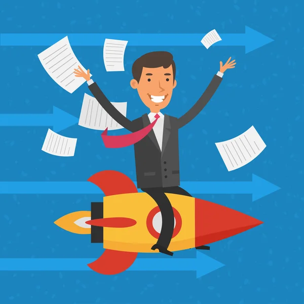 Ellerini sallayarak ve roket üzerinde uçan iş adamı