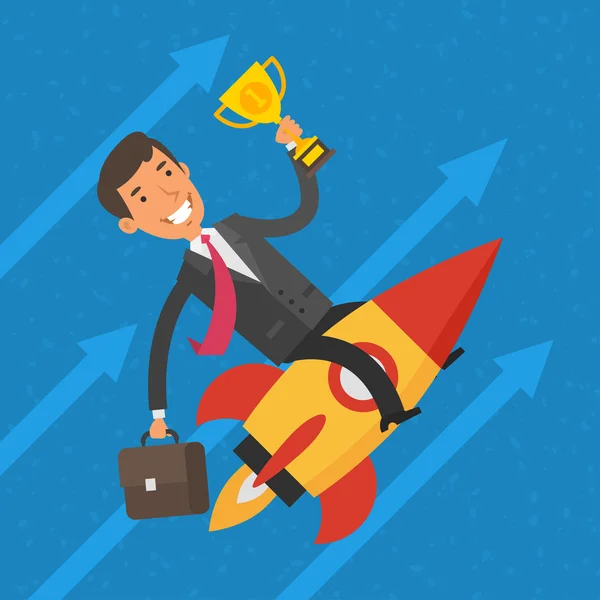 Roket ve tutar Kupası üzerinde uçan iş adamı