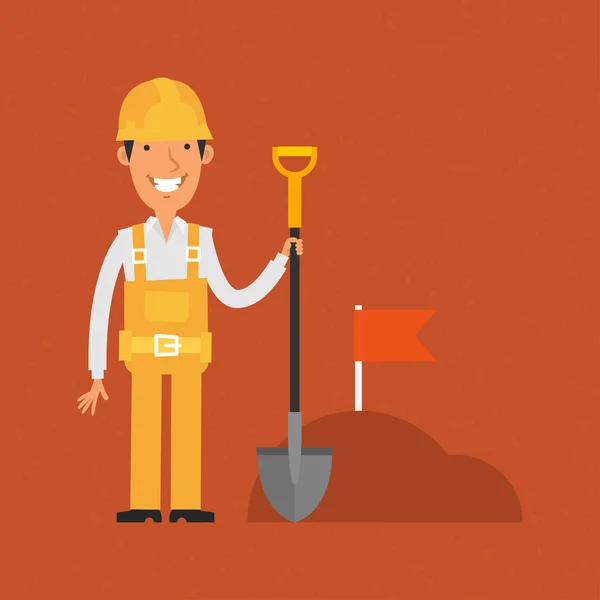 Constructor sosteniendo la pala y sonriendo — Vector de stock