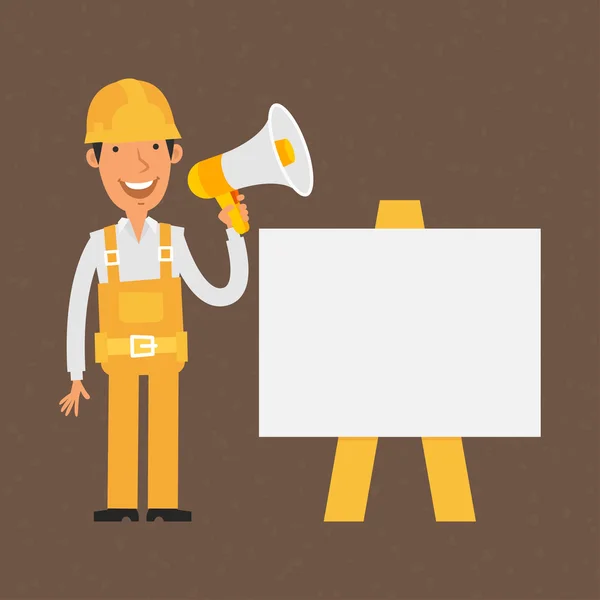 Builder stands near with flip-chart holds megaphone — Stock Vector