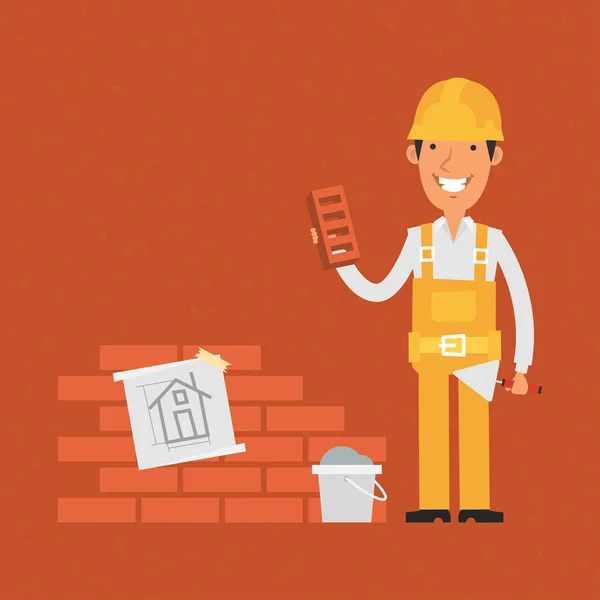 Constructor sosteniendo paleta y ladrillo — Vector de stock