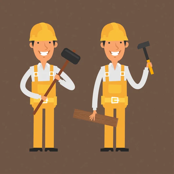 Два строителя держат молоток и улыбаются — стоковый вектор