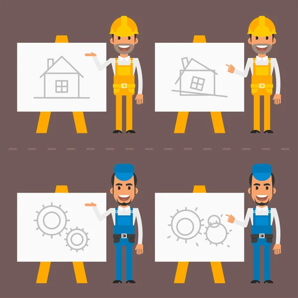 Builder and repairman indicate flip chart — Stock Vector
