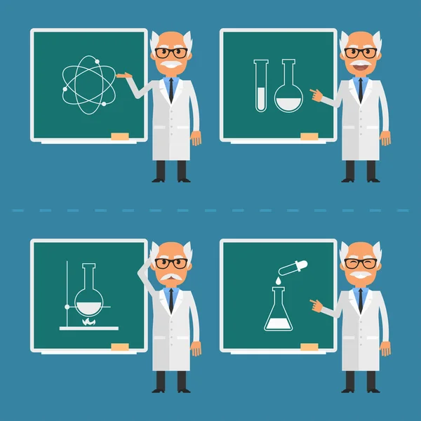 Velho cientista indica em quadro-negro —  Vetores de Stock