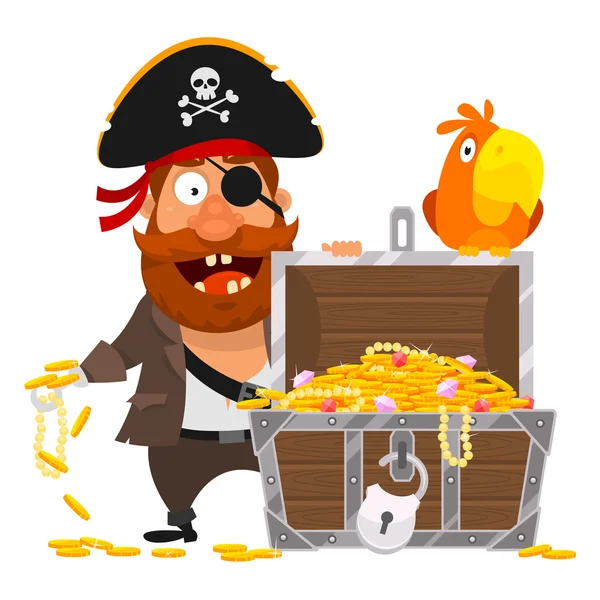 Loro pirata y cofre de oro — Vector de stock