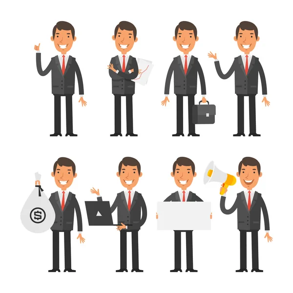 Empresario en corbata roja en diferentes poses — Vector de stock