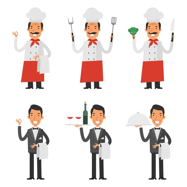 Set de personajes chef y camarero — Vector de stock