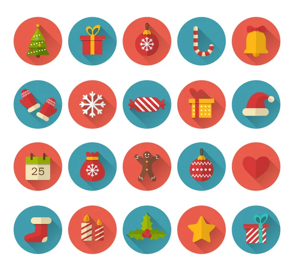 Iconos planos de Navidad con efecto de sombra larga — Vector de stock