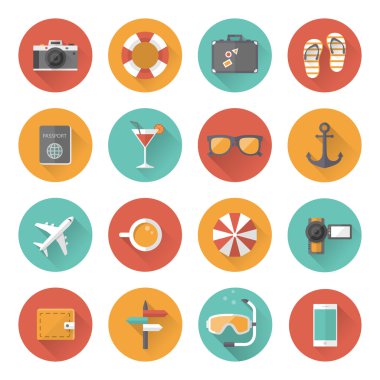 Yaz tatili, düz turizm ve tatil uzun gölge efekti ile simgeler. Vektör çizim eps10