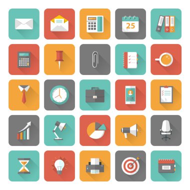 25 düz ofis ve iş ikonları/simgeleri ile uzun gölge efekti.