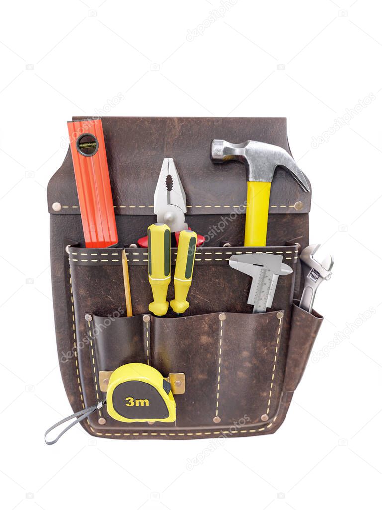 3D rendering of classic brown leather toolbelt with hand tools over white background