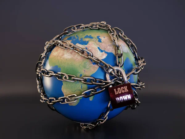 Renderelés Föld Bolygó Láncra Verve Lakattal Lezárva Mint Global Lockdown — Stock Fotó
