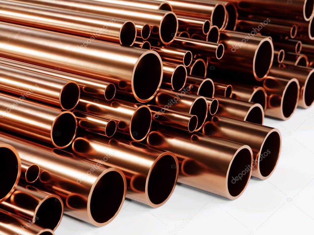 3D rendering of pile of shiny copper pipes in various diameter